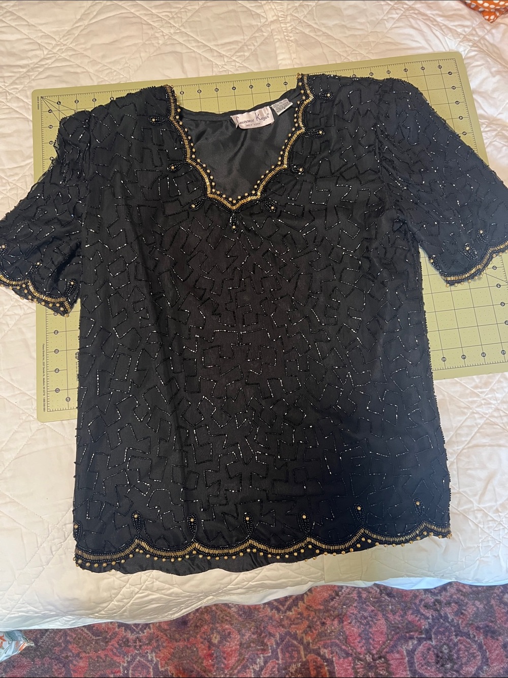Laurence Kazar Black Beaded Short-Sleeve Evening Top with Gold Accents
